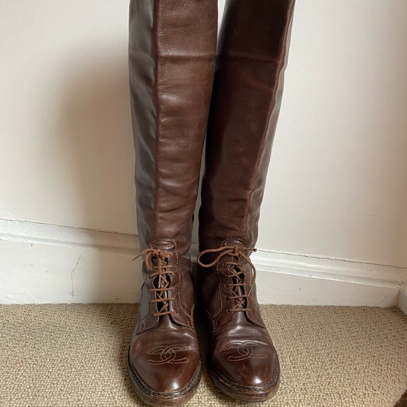 CHANEL Shoes - Chanel Leather Knee High Riding Boots